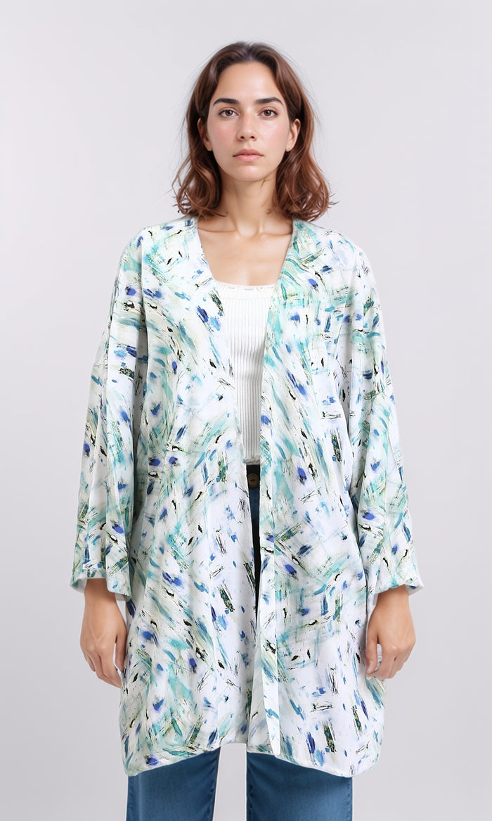 Patterned Open Neckline Summer Cardigan - Blue & Aqua