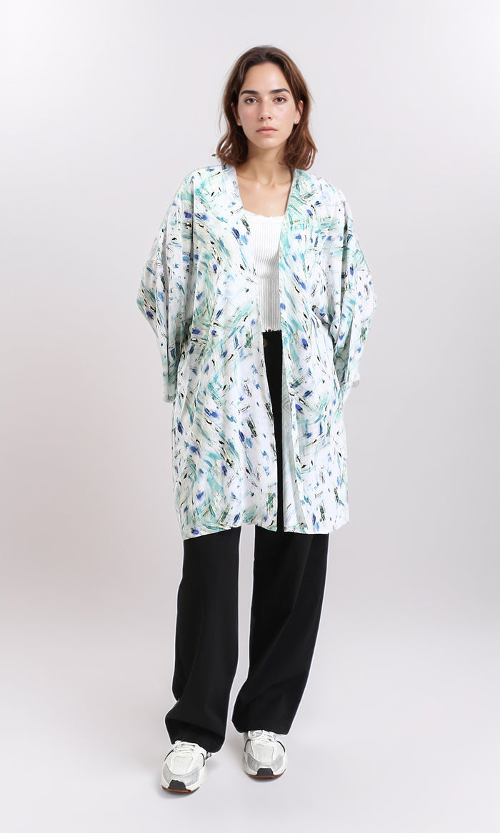 R209480 - Patterned Open Neckline Summer Cardigan - Blue & Aqua