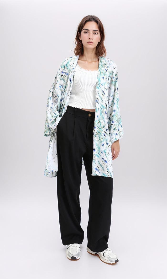 R209480 - Patterned Open Neckline Summer Cardigan - Blue & Aqua