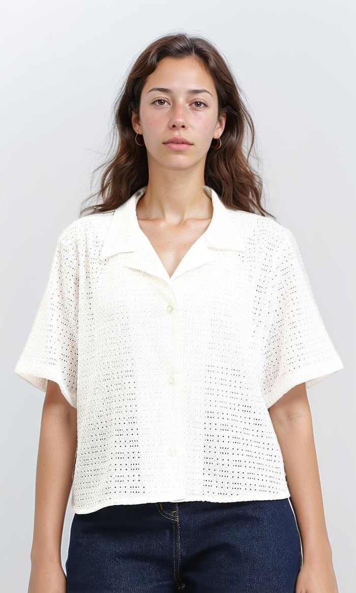 Elbow Sleeves Perforated Shirt - White