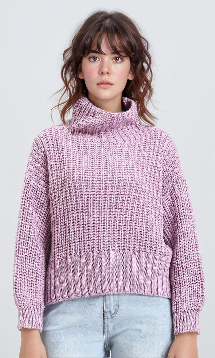 Long Sleeves Knitted Pullover with Ribbed Hem - Light Purple
