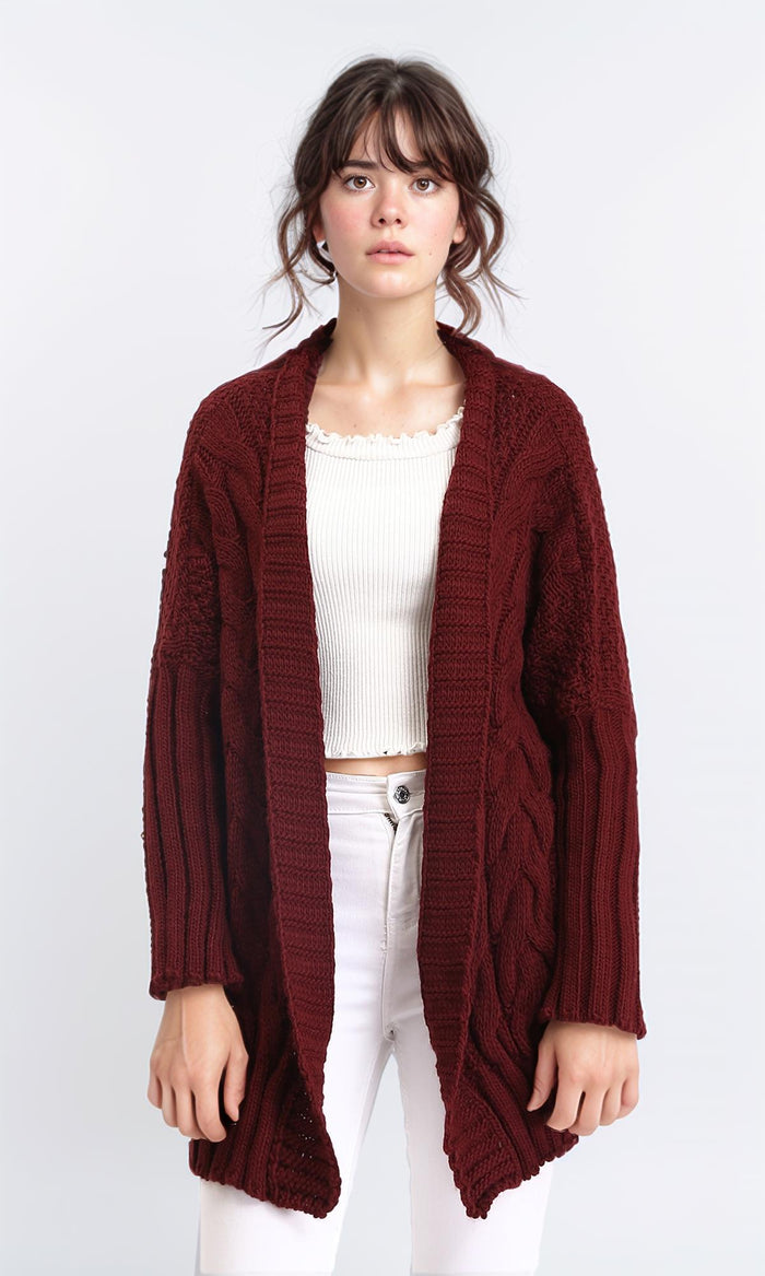 Open Neckline Regular Fit Cardigan - Burgundy