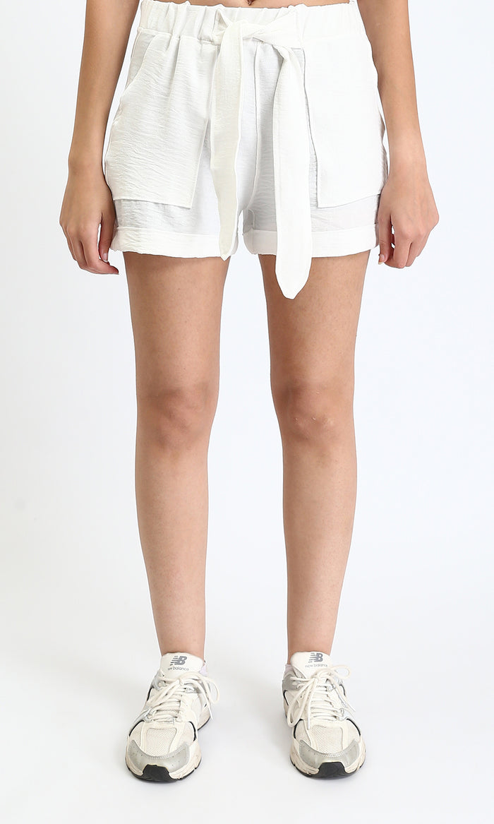 Slip On Summer Shorts with Lace Up - White