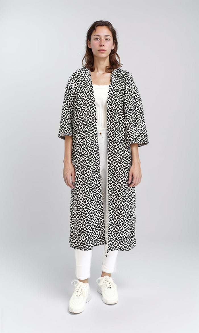 Open Neckline Patterned Cardigan - Black & Beige