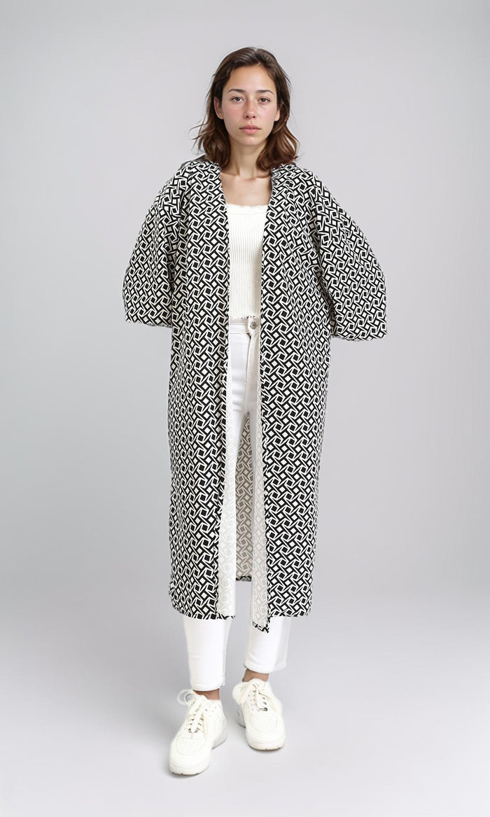 R209996 - Open Neckline Patterned Cardigan - Black & Beige