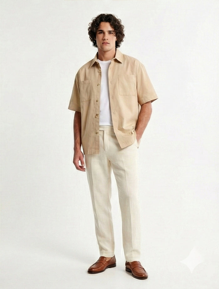 R210044 - Solid Short Sleeves Classic Shirt - Dark Beige