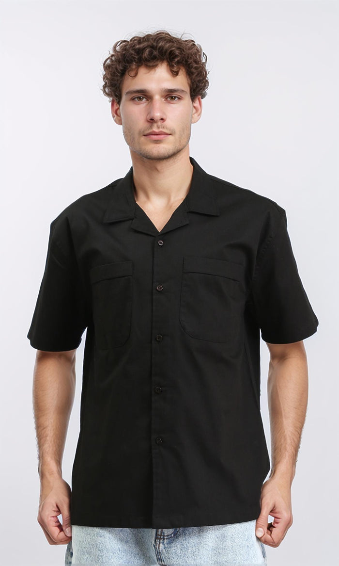 Classic Collar Elbow Sleeves Shirt - Black