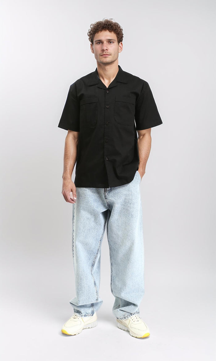 R210045 - Classic Collar Elbow Sleeves Shirt - Black