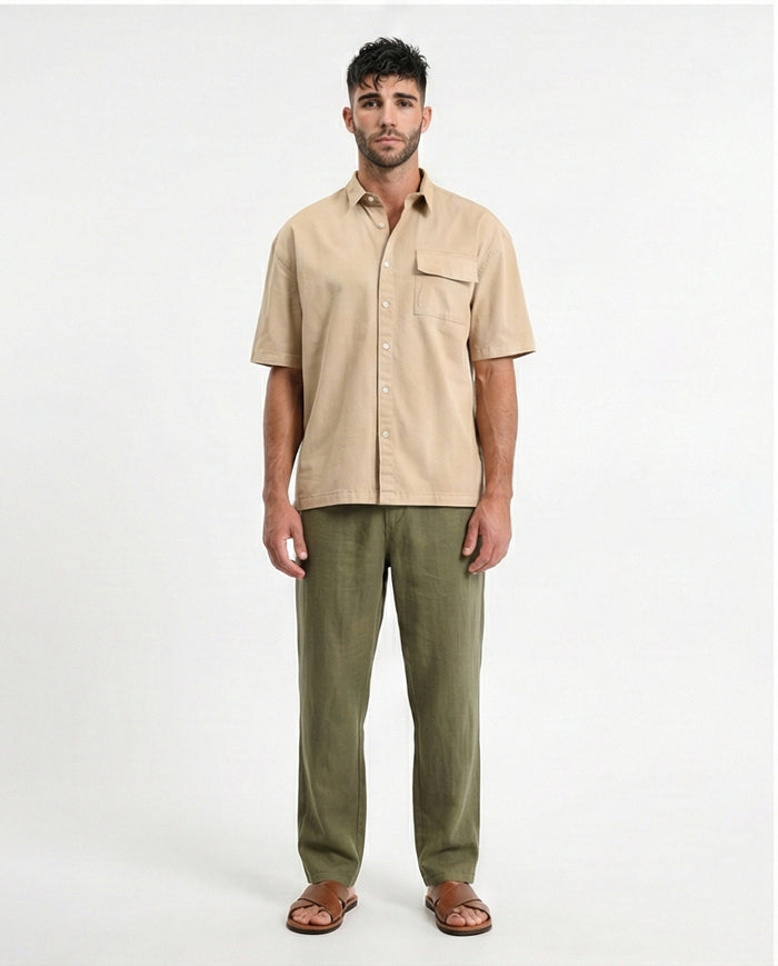 R210048 - Short Sleeves Shirt with Front Pocket - Dark Beige