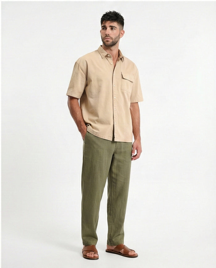 R210048 - Short Sleeves Shirt with Front Pocket - Dark Beige