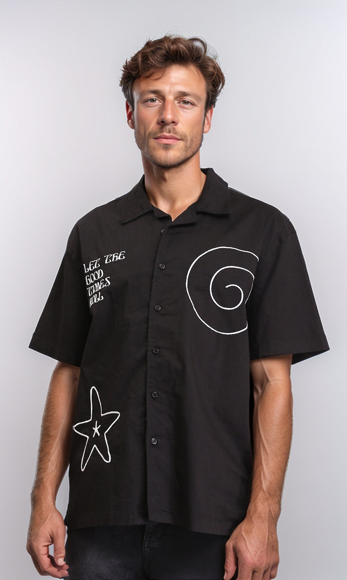 Turn Down Collar Printed Shirt - Black