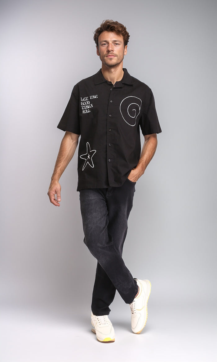 R210049 - Turn Down Collar Printed Shirt - Black