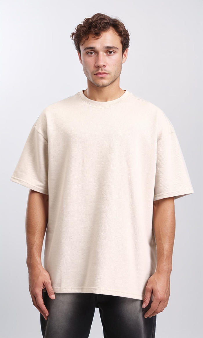 Solid Pattern Slip On Basic Tee - Light Beige