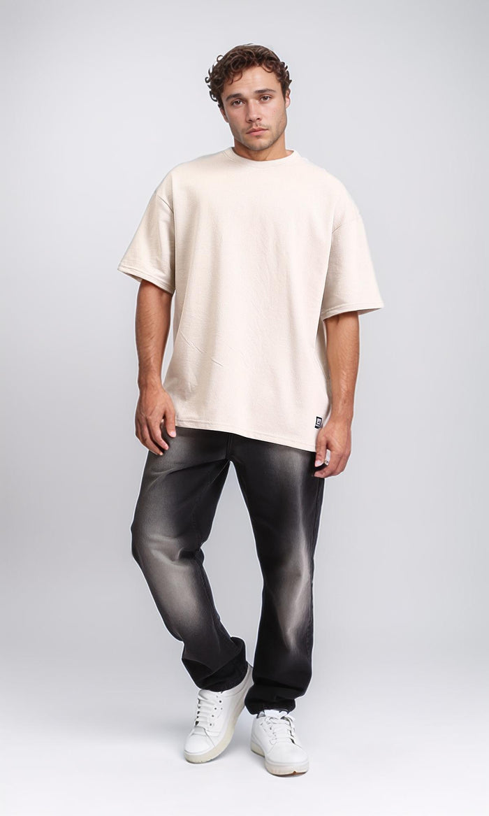 R210245 - Solid Pattern Slip On Basic Tee - Light Beige