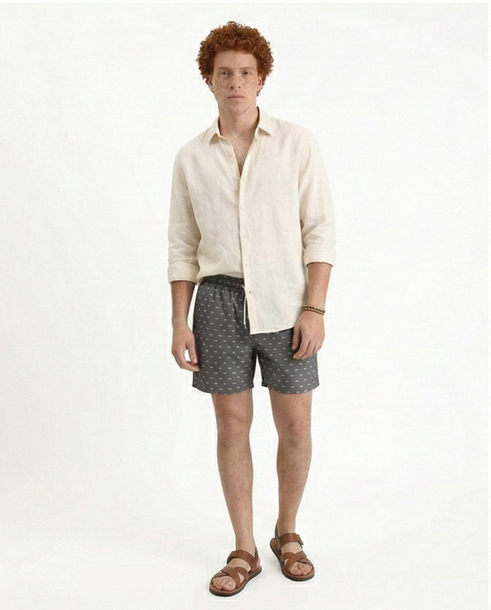 R210293 - Fish Pattern Slip On Swim Short - Dark Grey