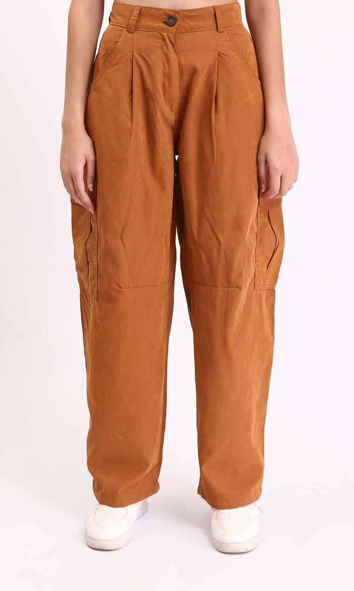 High-Waisted Casual Cargo Pants - Rust Brown