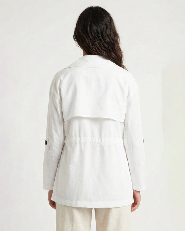R210310 - Notched Lapel Solid Belted Jacket - White
