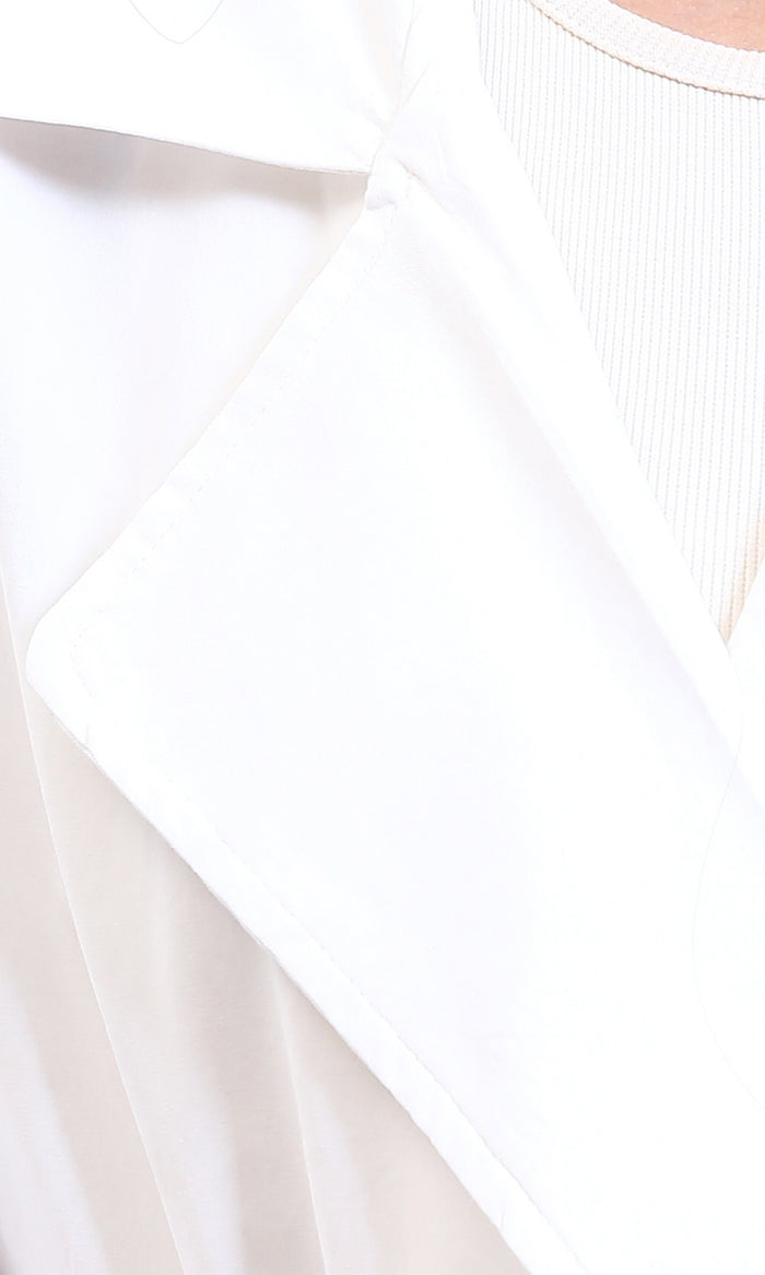 R210310 - Notched Lapel Solid Belted Jacket - White