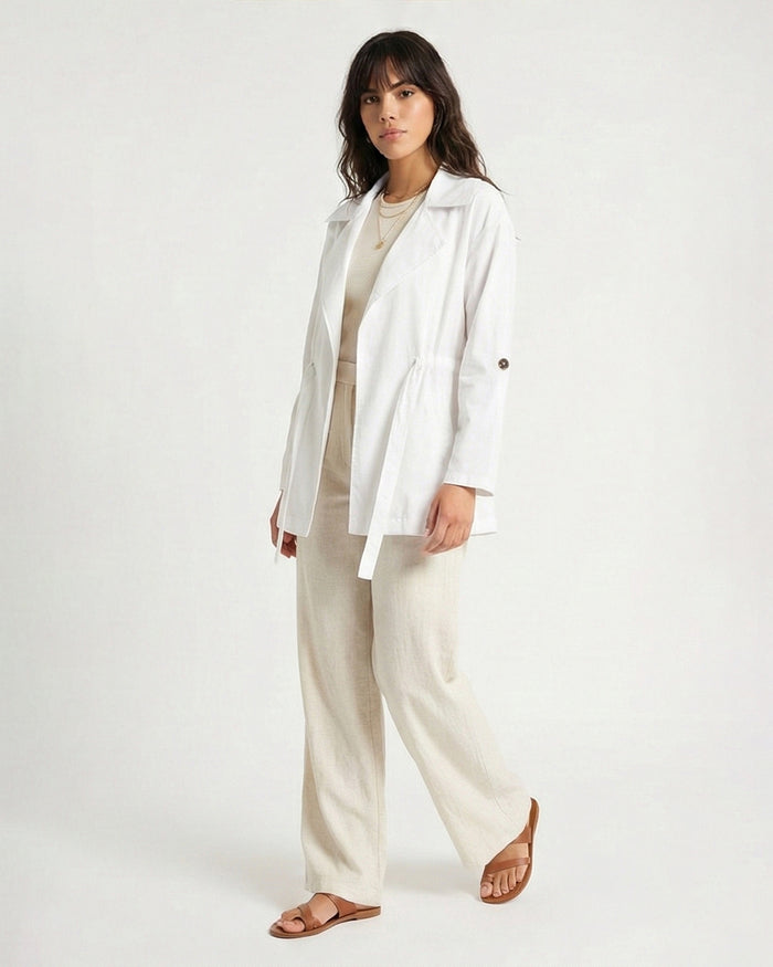 R210310 - Notched Lapel Solid Belted Jacket - White