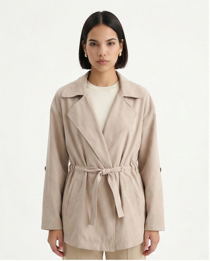 R210311 - Notched Lapel Solid Belted Jacket - Coffee