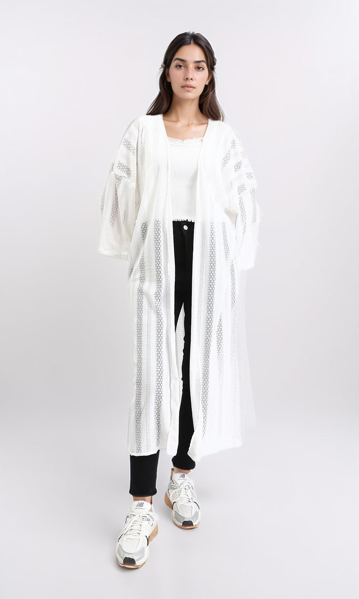 R210312 - Self Pattern Perforated Long Cardigan - White