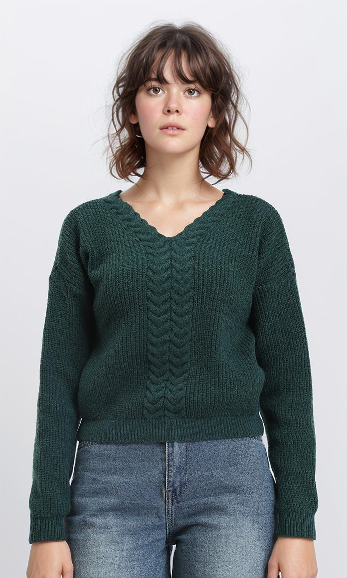 Slip On V-Neck Knitted Pullover - Dark Green