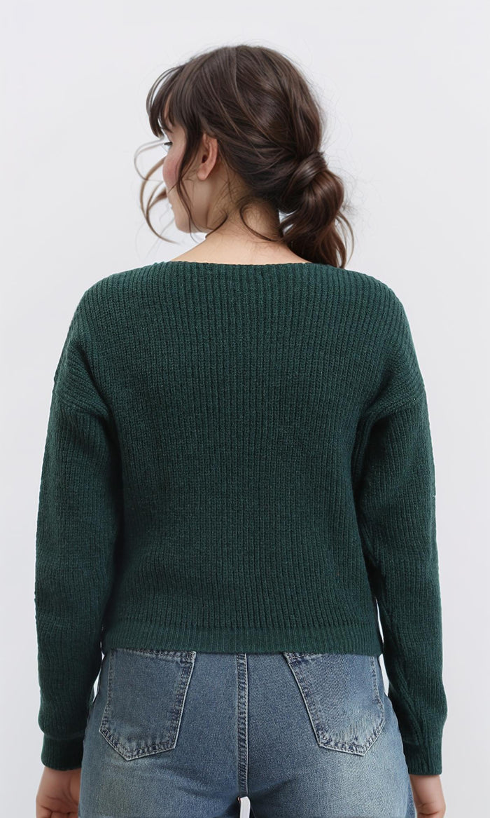 R210359 - Slip On V-Neck Knitted Pullover - Dark Green