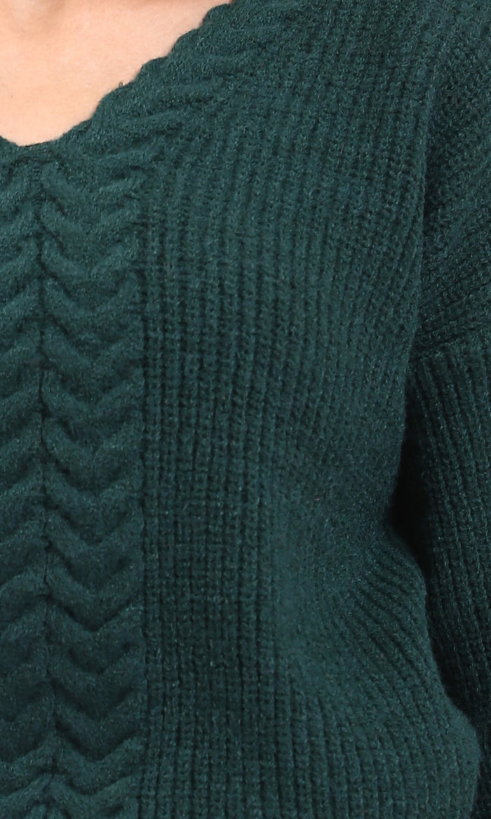 R210359 - Slip On V-Neck Knitted Pullover - Dark Green
