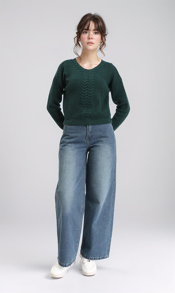 R210359 - Slip On V-Neck Knitted Pullover - Dark Green