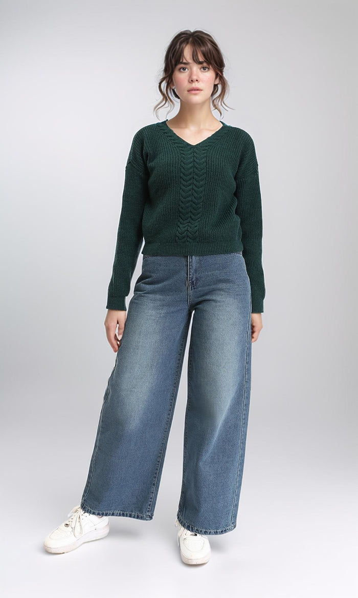 R210359 - Slip On V-Neck Knitted Pullover - Dark Green