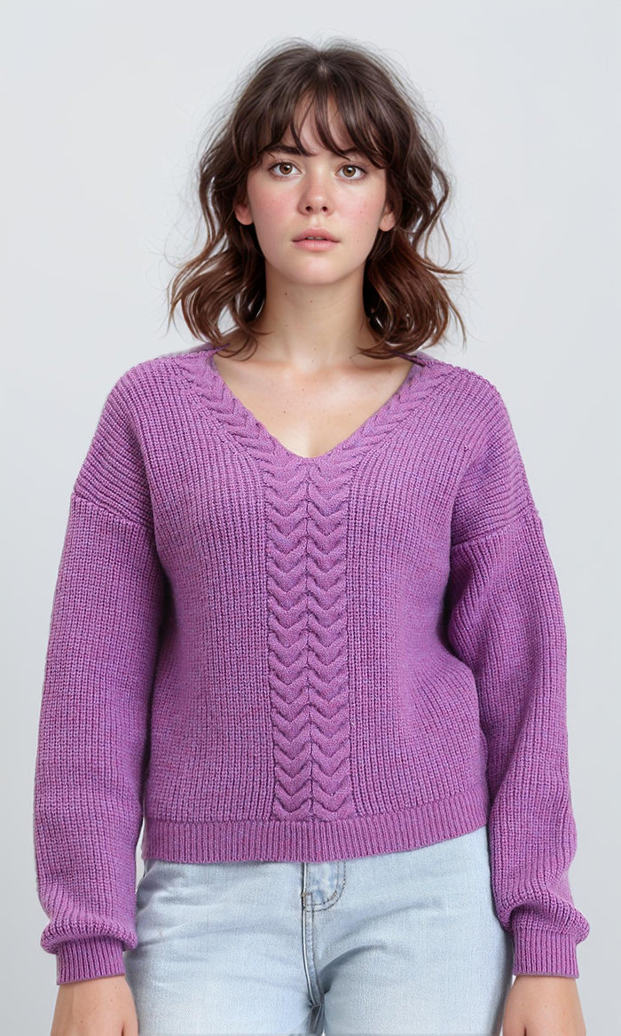 Slip On V-Neck Knitted Pullover - Orchid