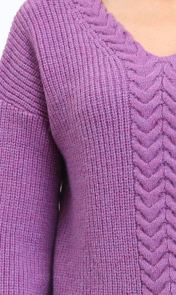 R210361 - Slip On V-Neck Knitted Pullover - Orchid