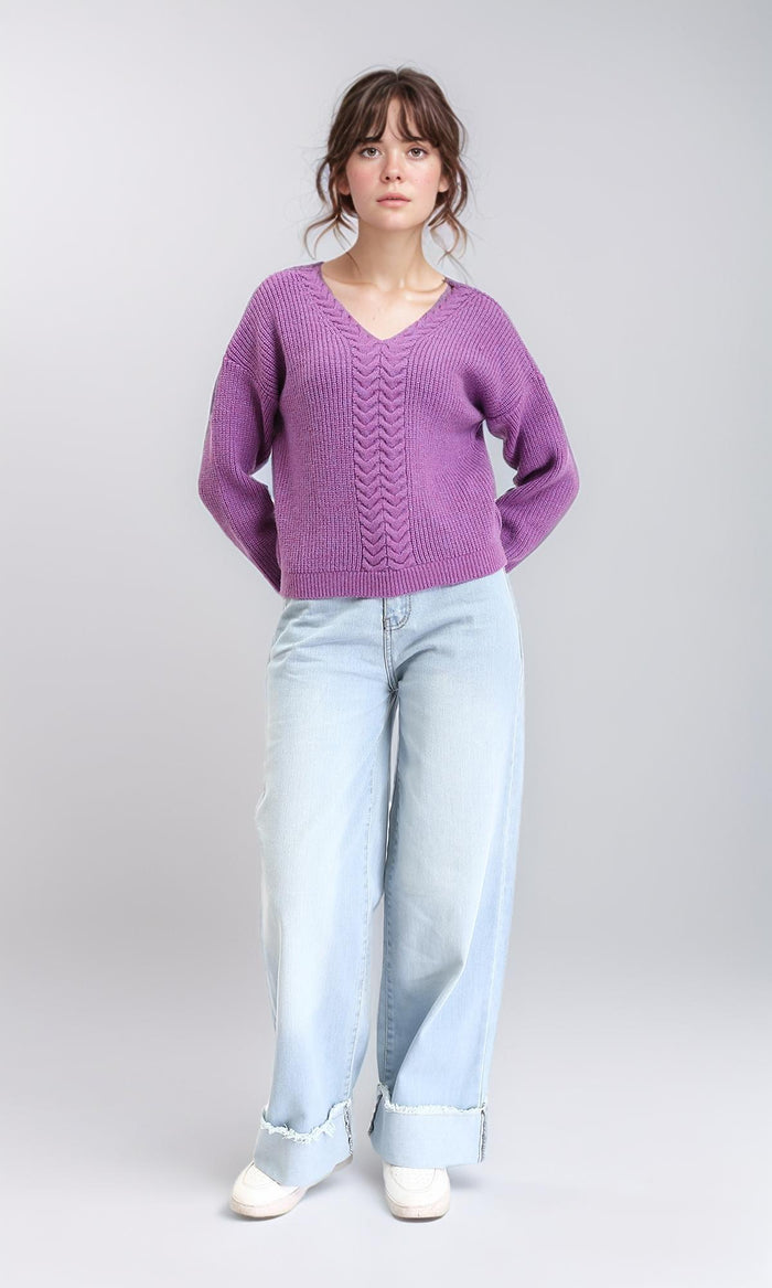 R210361 - Slip On V-Neck Knitted Pullover - Orchid