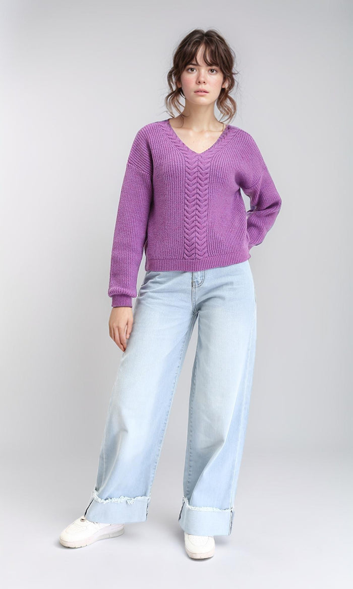 R210361 - Slip On V-Neck Knitted Pullover - Orchid