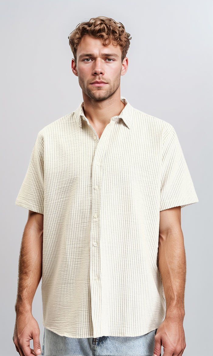 Pencil Stripes Short Sleeves Shirt - Beige & Dark Grey