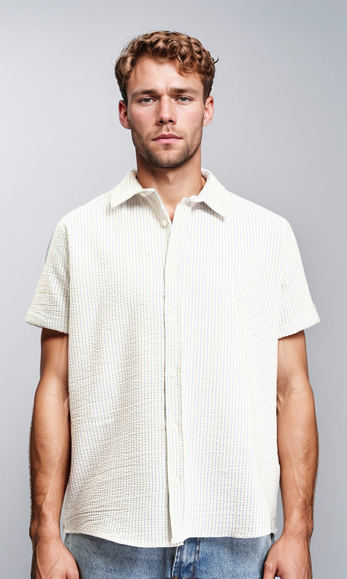 Pencil Stripes Short Sleeves Shirt - Beige & Sky Blue