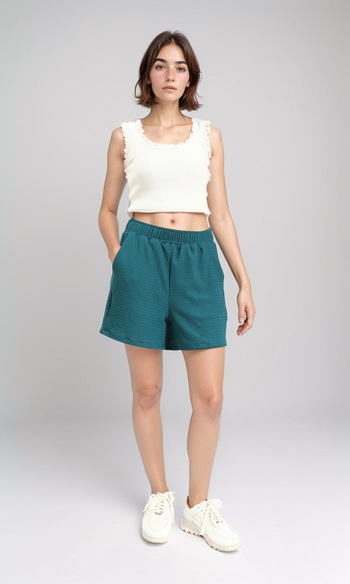 R210505 - Textured Feminine Short with Side Pockets - Teal
