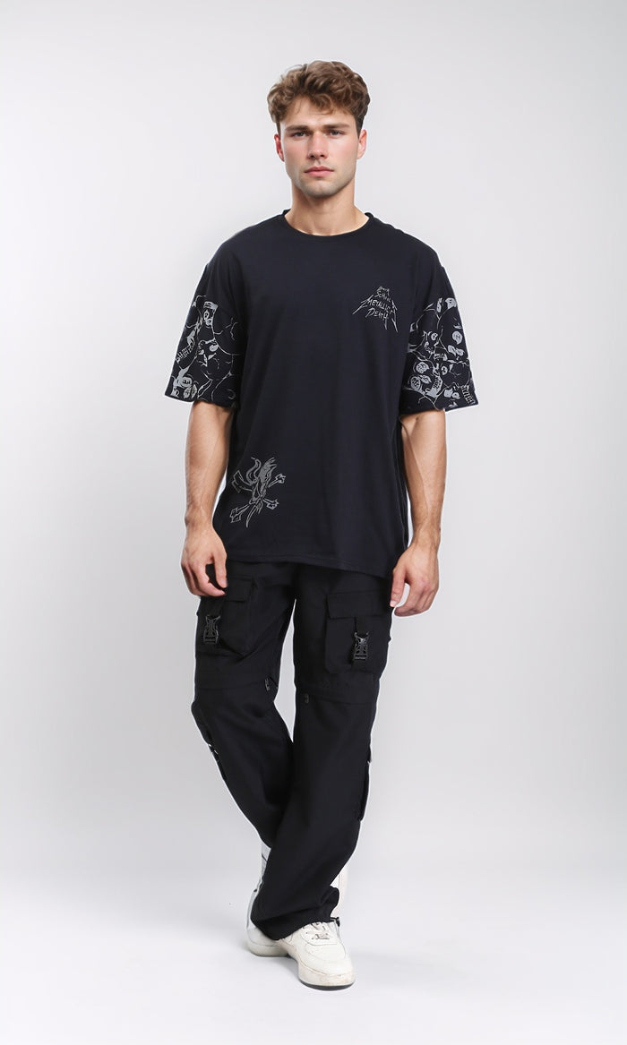R210535 - Elbow Sleeves Printed Cotton Tee - Black
