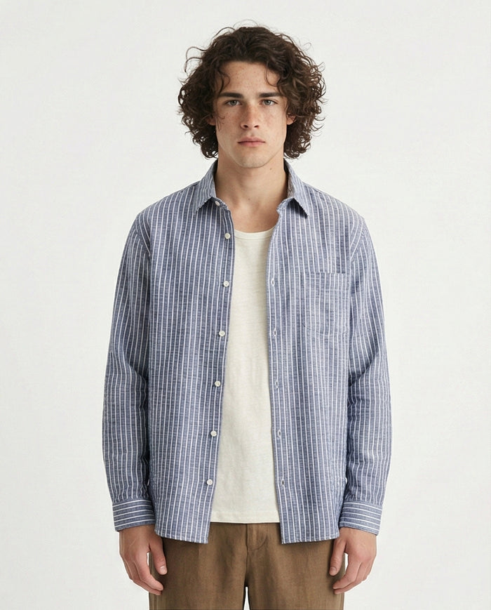 Patterned Long Sleeves Cotton Shirt - Navy Blue