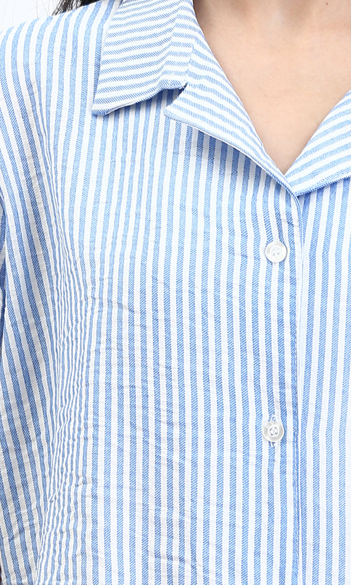 R210612 - Striped Short Sleeves Casual Shirt - Light Blue & White