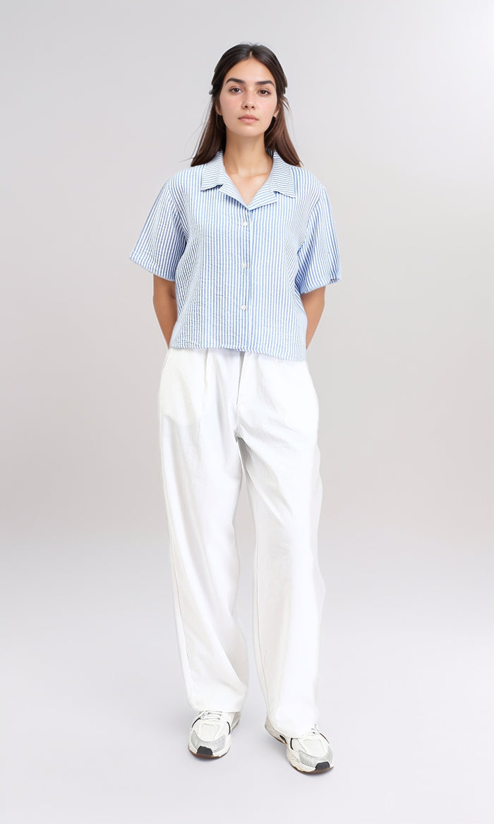 R210612 - Striped Short Sleeves Casual Shirt - Light Blue & White
