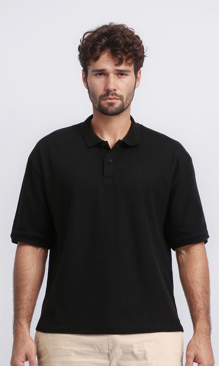 Elbow Sleeves Solid Polo Shirt - Black
