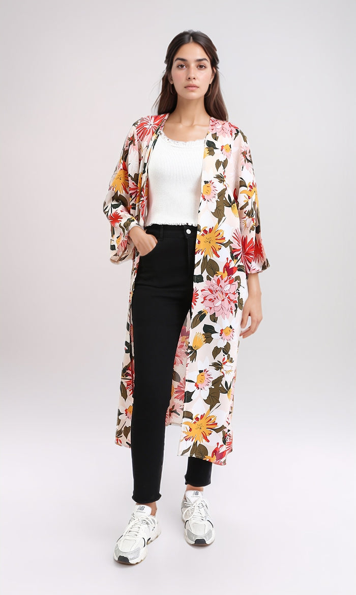 R210706 - Open Neckline Colorful Floral Cardigan - Simon & Orange