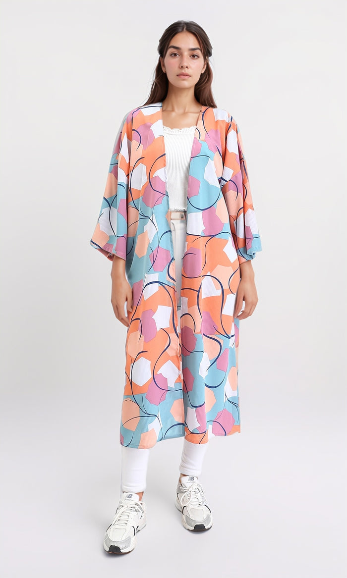 Open Neckline Patterned Cardigan - Orange & Sky Blue