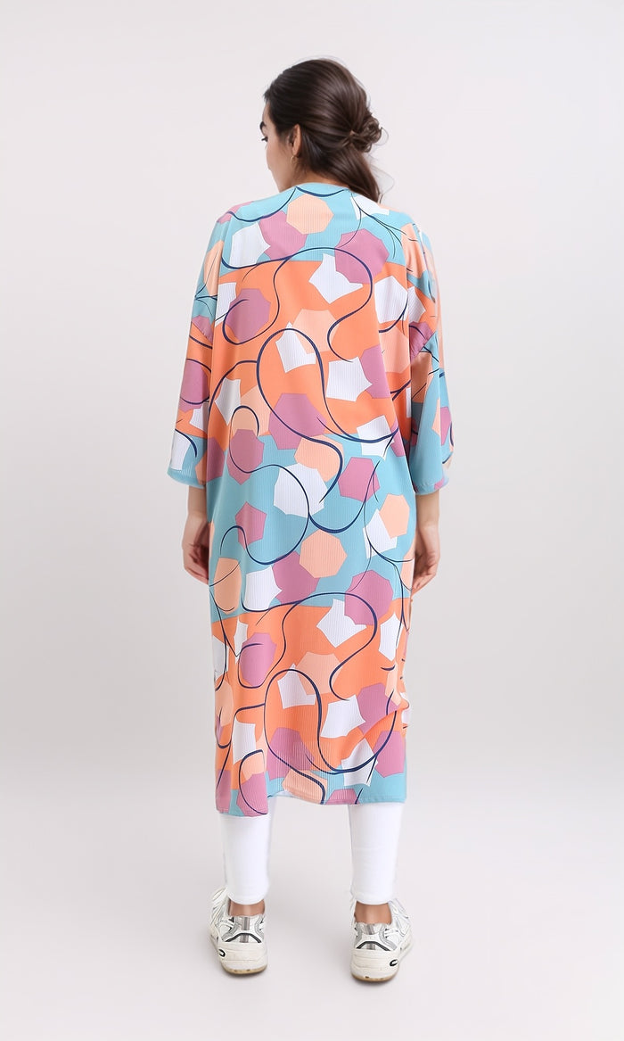 R210707 - Open Neckline Patterned Cardigan - Orange & Sky Blue