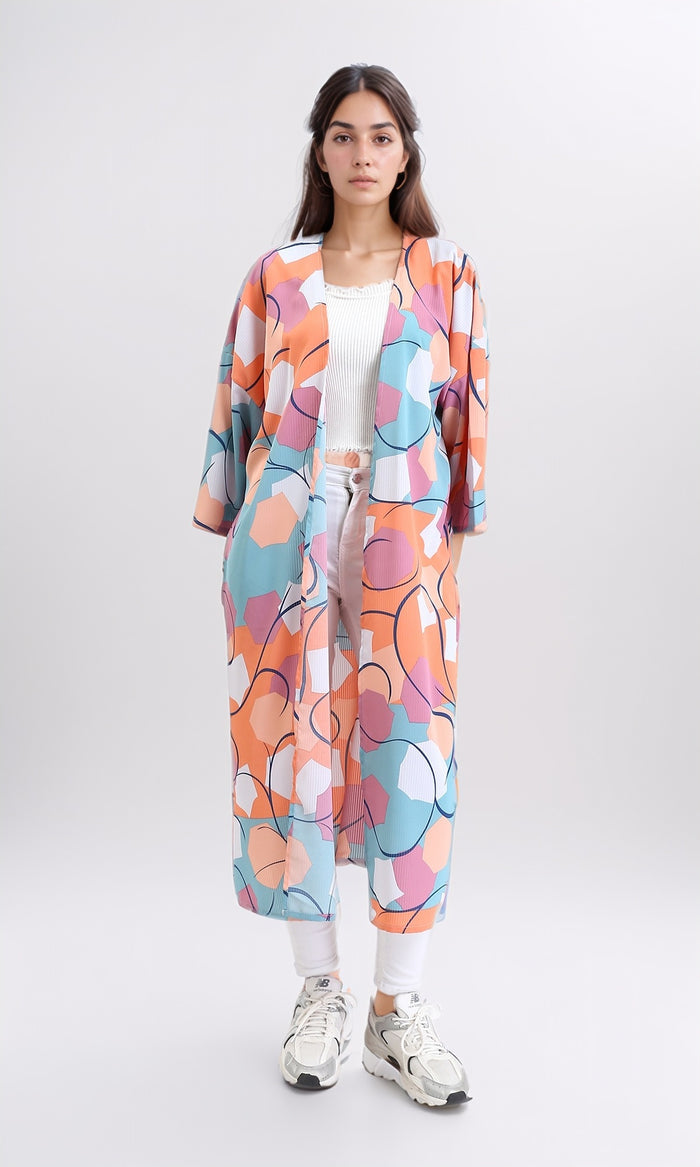 R210707 - Open Neckline Patterned Cardigan - Orange & Sky Blue