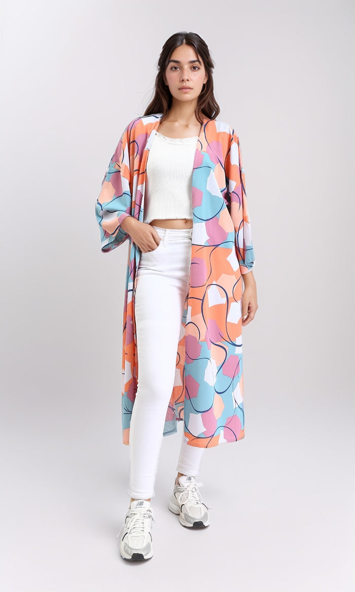 R210707 - Open Neckline Patterned Cardigan - Orange & Sky Blue