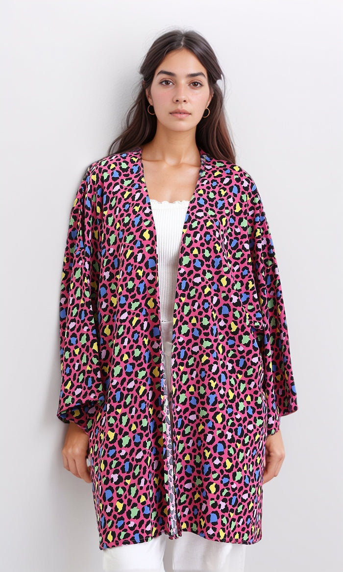 Leopard Long Sleeves Colorful Cardigan - Fuchsia