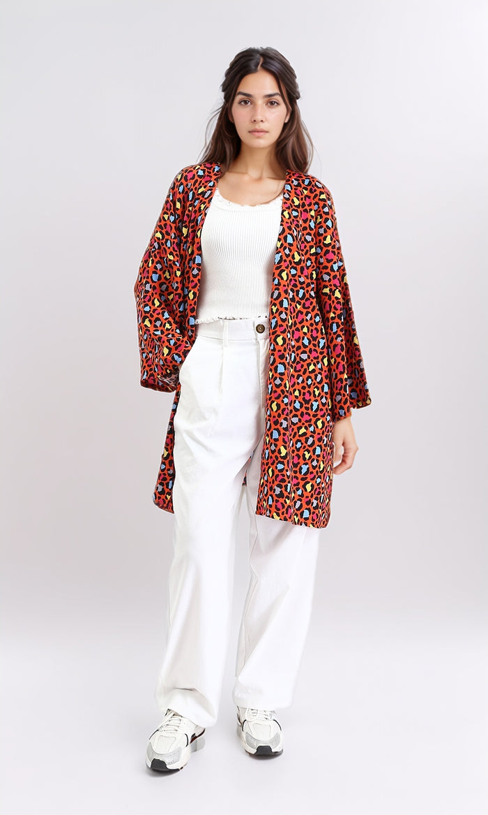 R210709 - Leopard Long Sleeves Colorful Cardigan - Orange