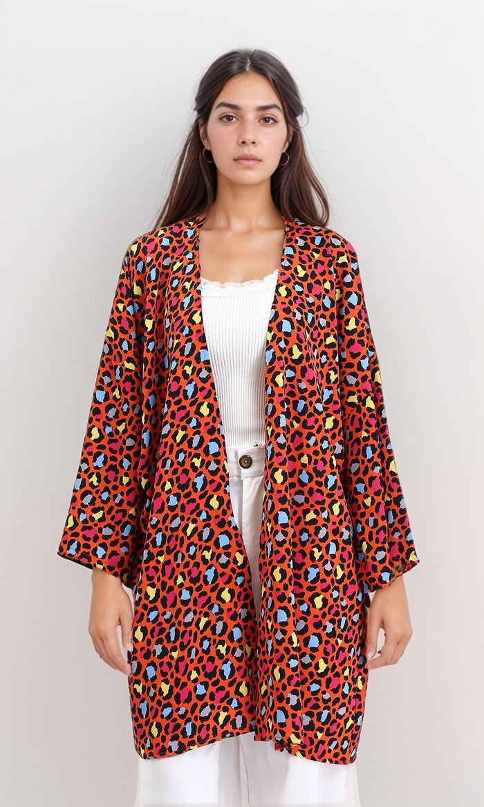 Leopard Long Sleeves Colorful Cardigan - Orange